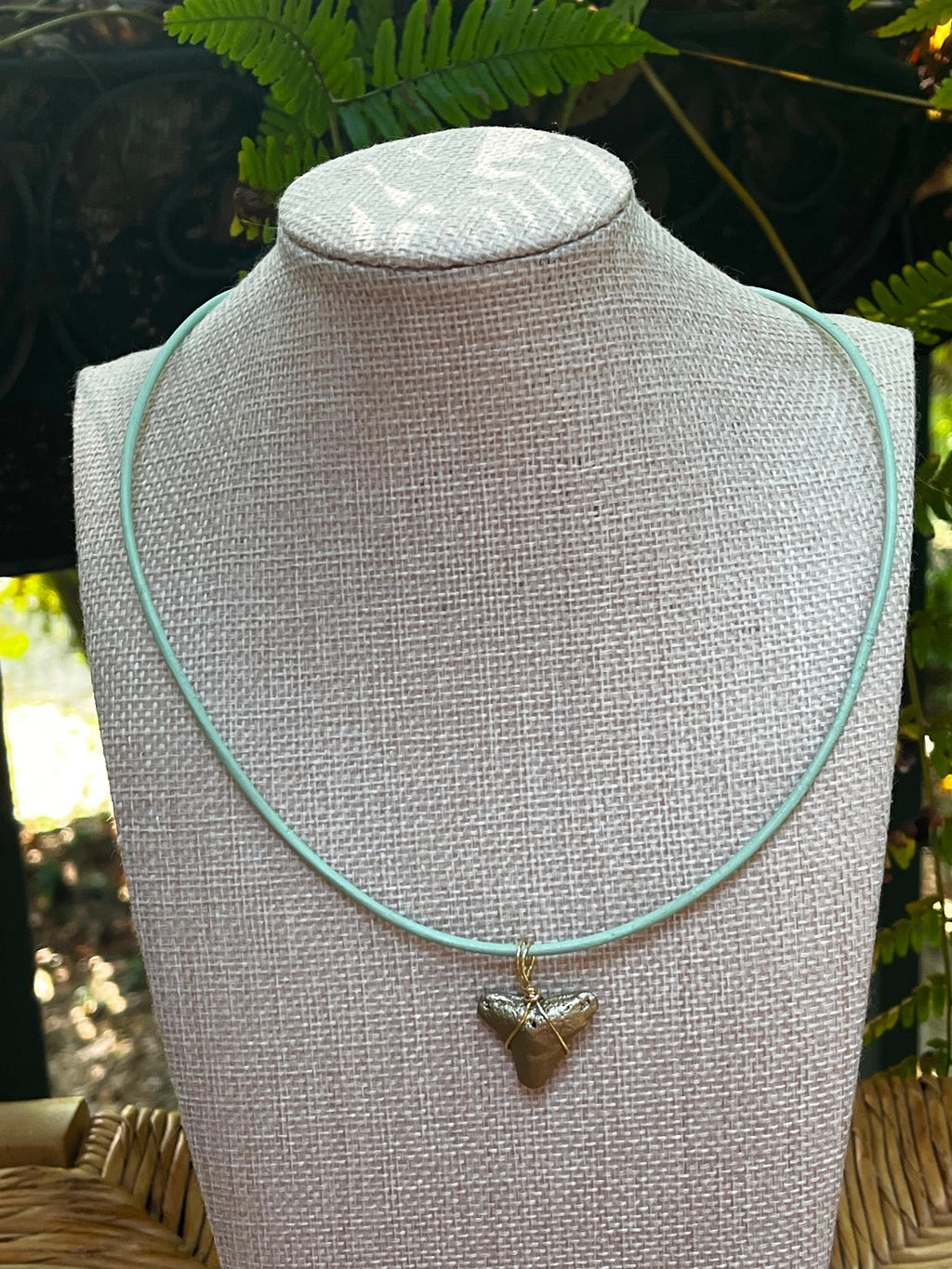 Fossil Shark Tooth Necklace on Turquoise Leather Cord | Handmade Gift Jewelry