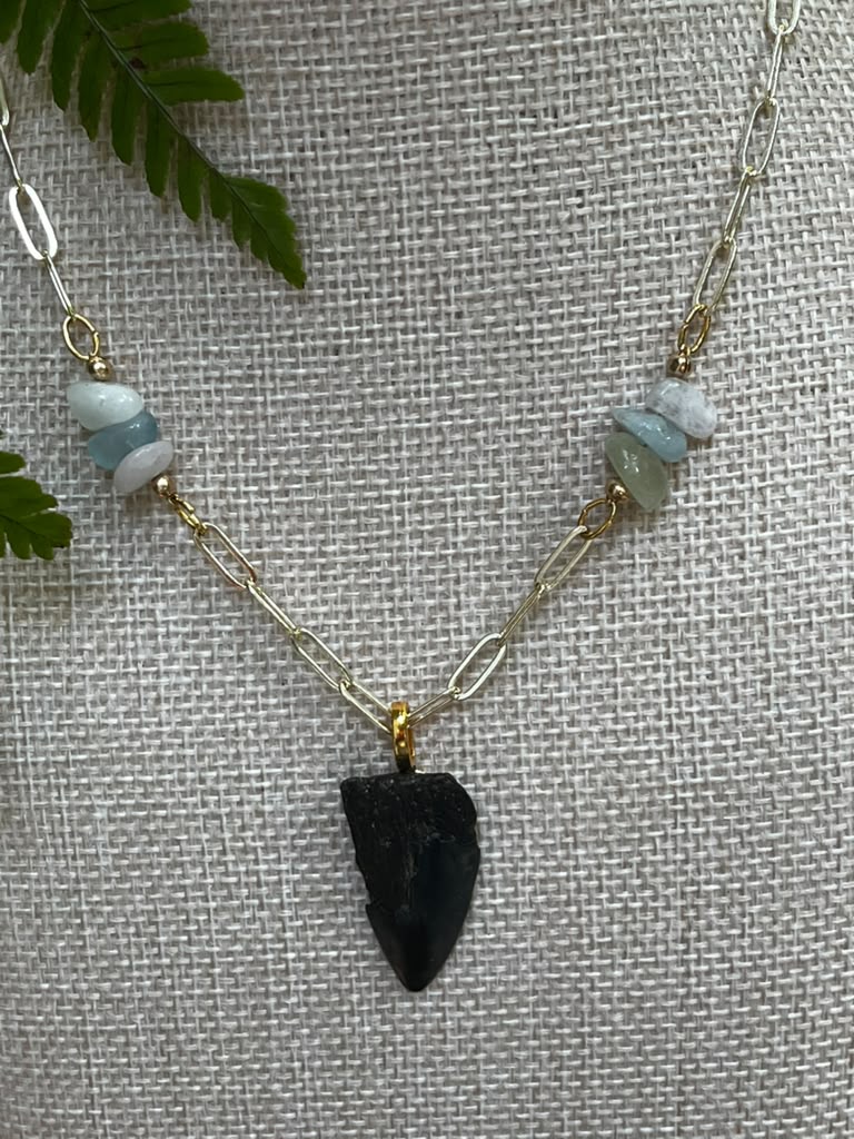 Beautifully Broken | Fossil Hastalis Shark Tooth & Morganite Necklace | Handmade Gift Jewelry
