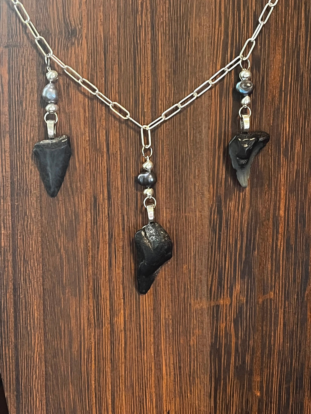 Undertow | Sterling Silver Triple Fossil Shark Tooth Necklace | One of a Kind Gift