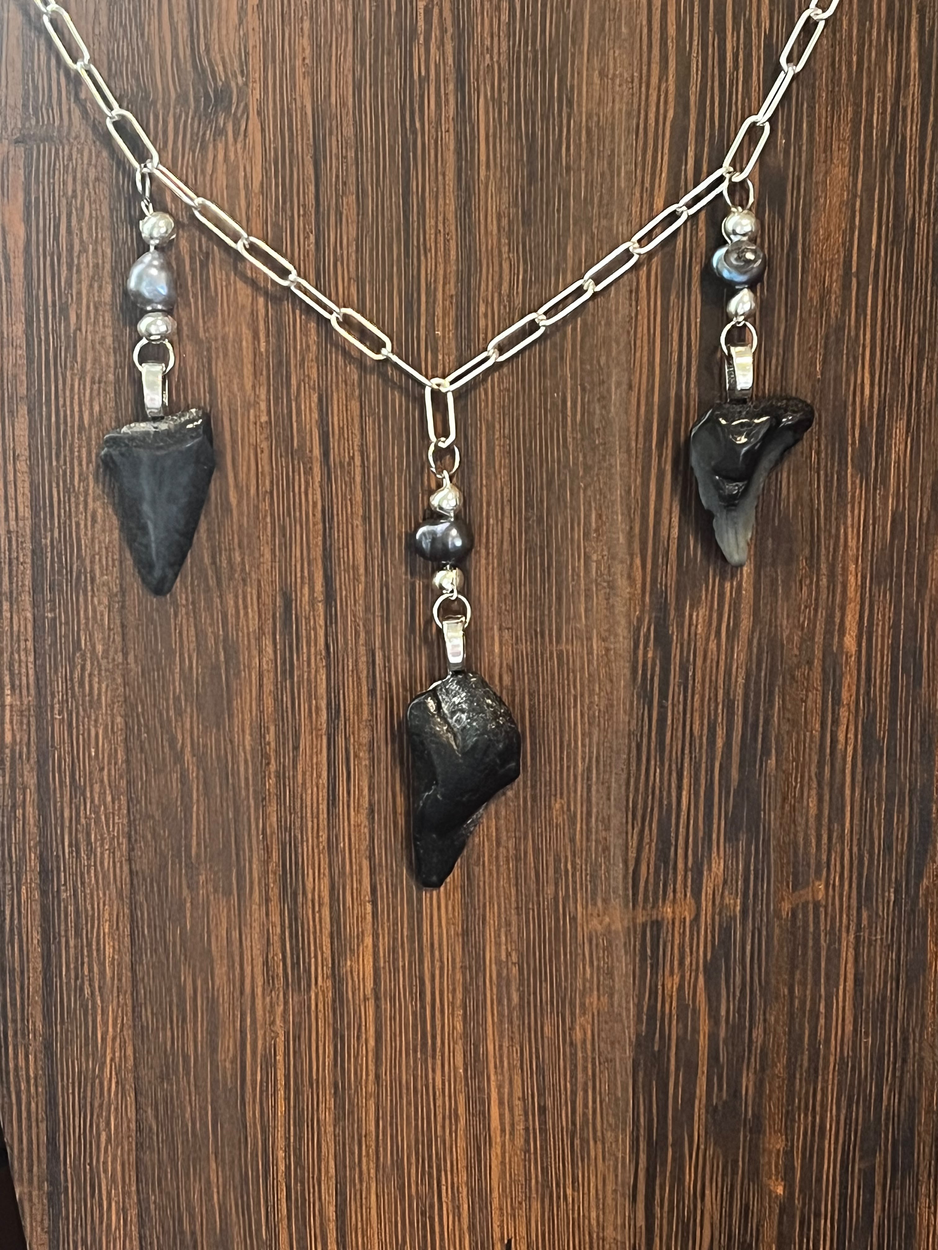 Undertow | Sterling Silver Triple Fossil Shark Tooth Necklace | One of a Kind Gift
