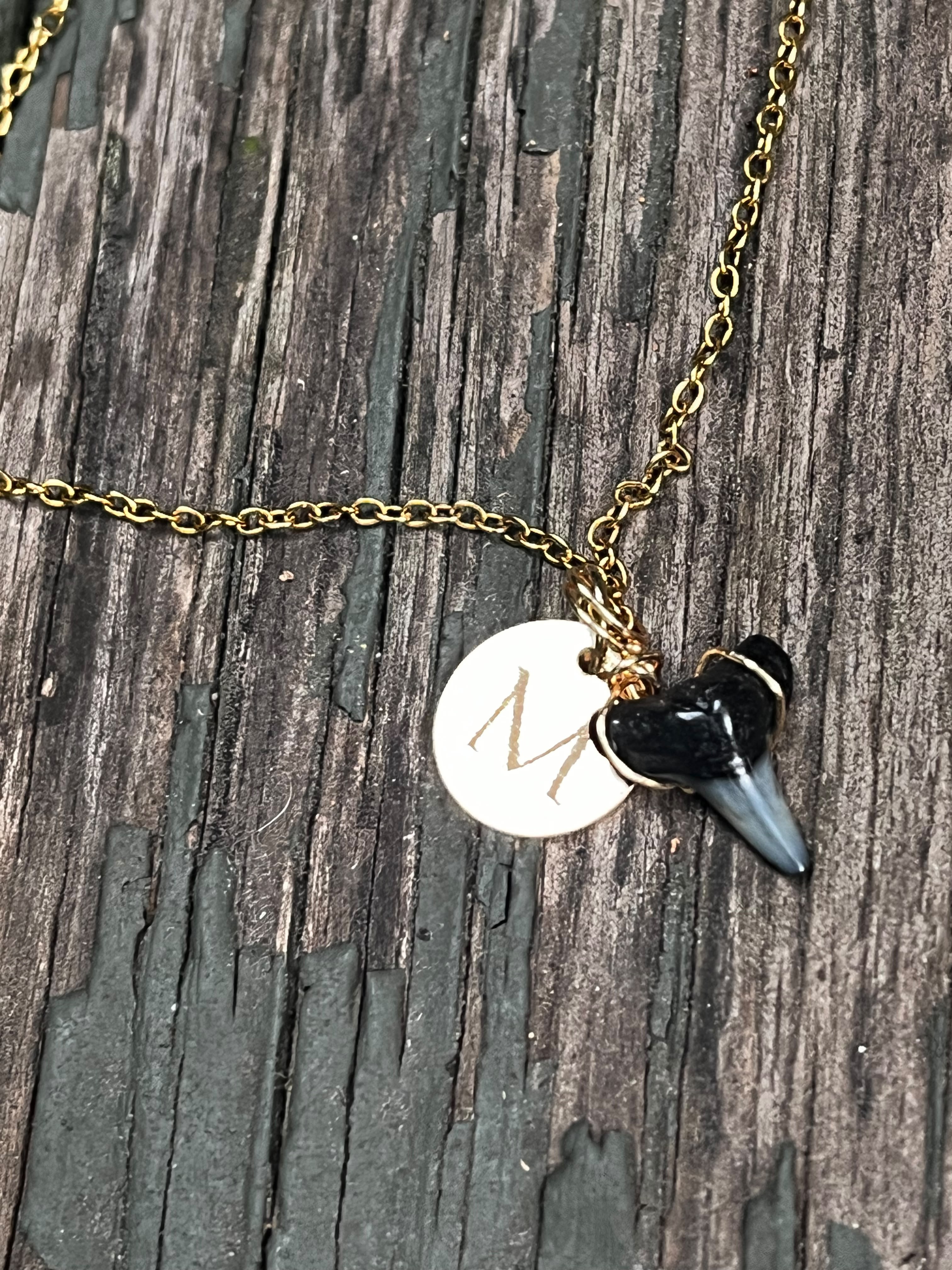 Her First Fossil | Personalized Fossil Shark Tooth Necklace with Initial Disc | Handmade Gift