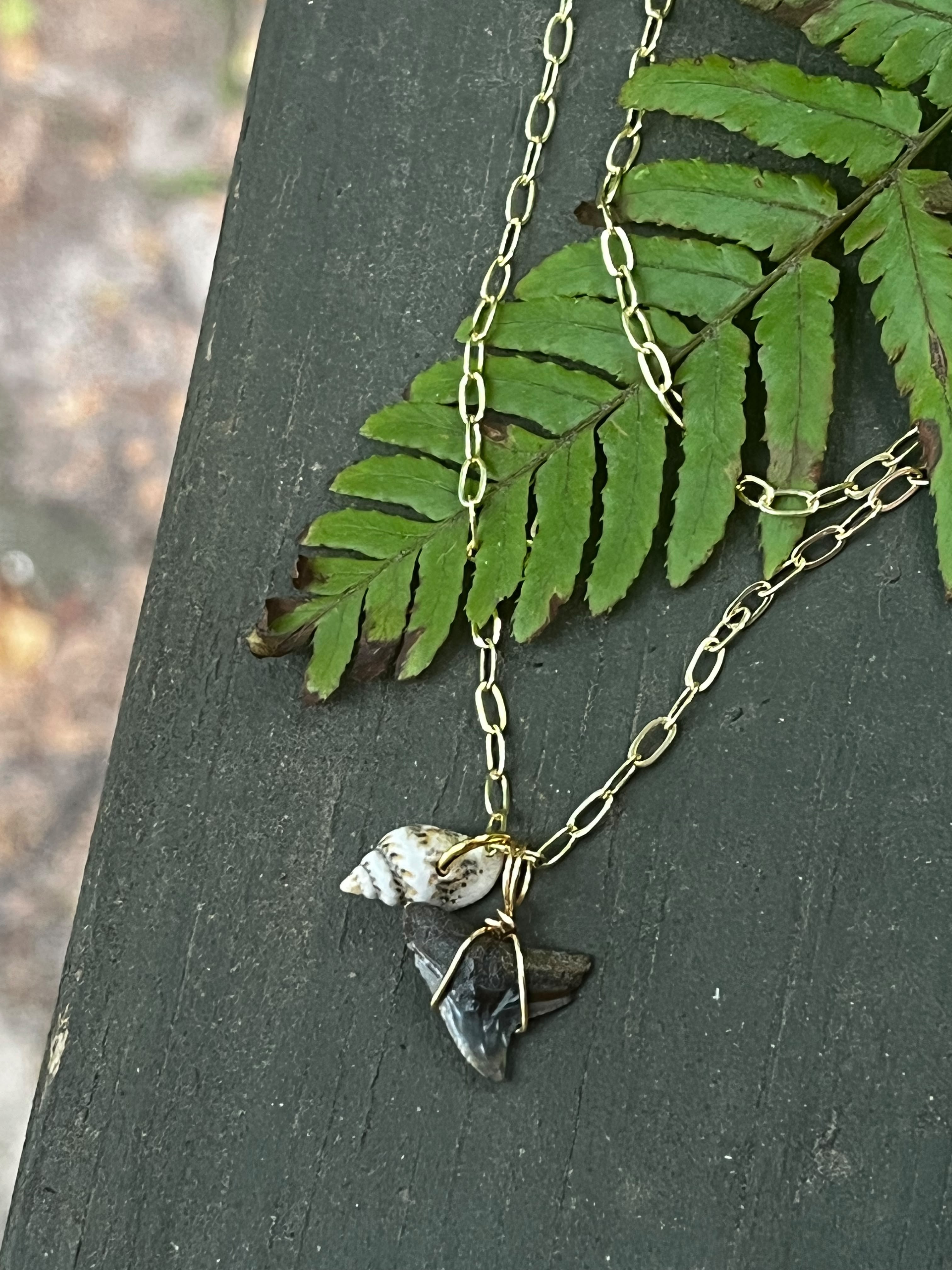 Her First Fossil | Personalized Fossil Shark Tooth Necklace with Initial Disc | Handmade Gift