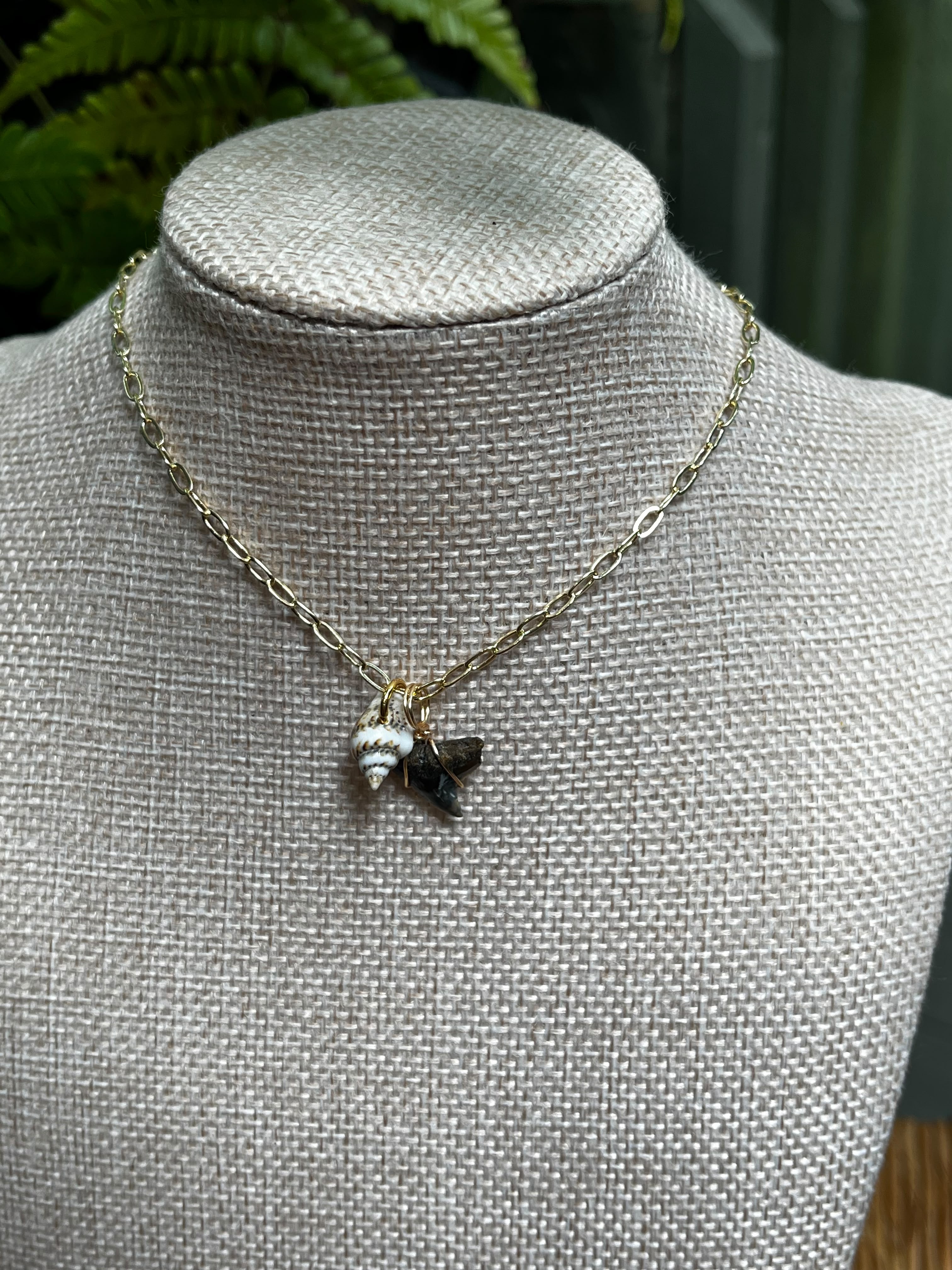 Her First Fossil | Personalized Fossil Shark Tooth Necklace with Initial Disc | Handmade Gift