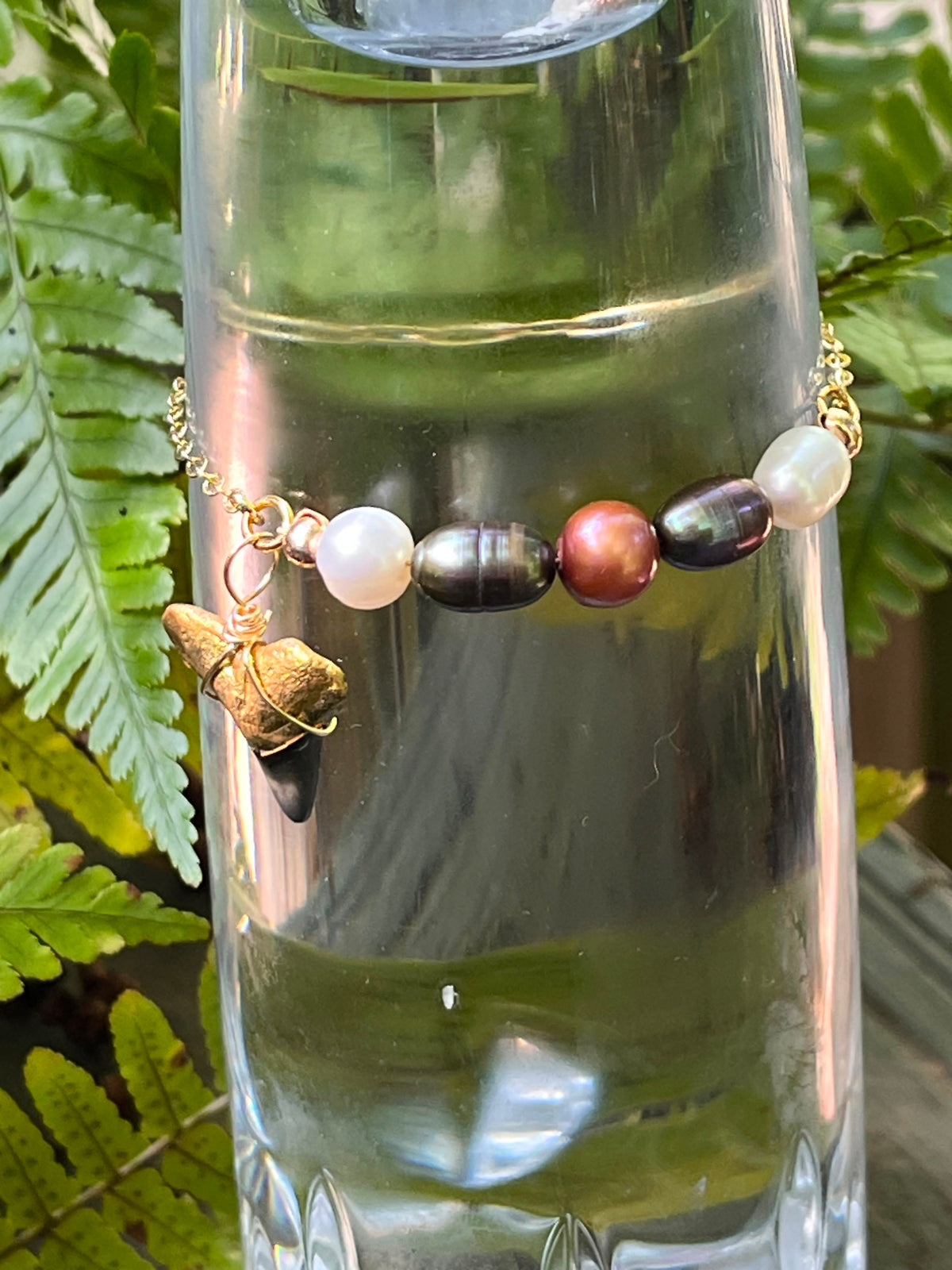 Fossil Shark Tooth Necklace Gold Pearl Beaded Pendant Jewelry