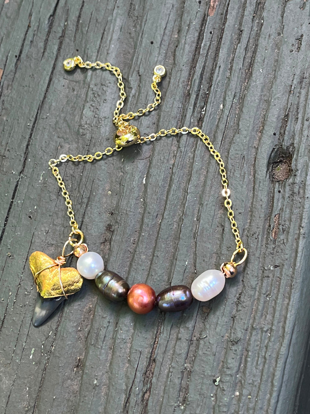 Fossil Shark Tooth Necklace Gold Pearl Beaded Pendant Jewelry