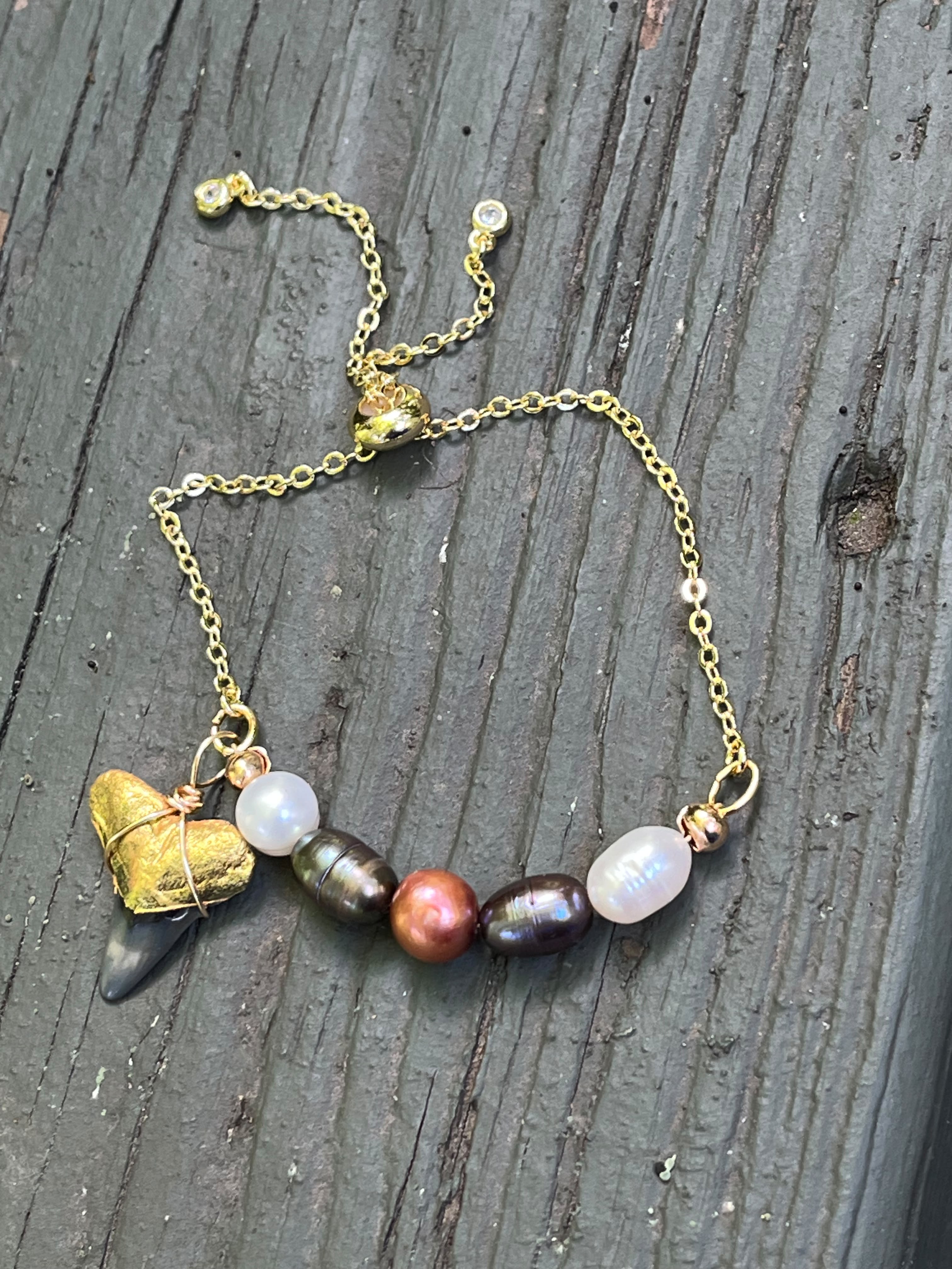 Fossil Shark Tooth Necklace Gold Pearl Beaded Pendant Jewelry